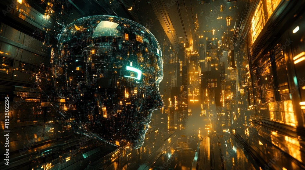 Futuristic AI head in a digital city landscape. Futuristic AI head in a digital city landscape.