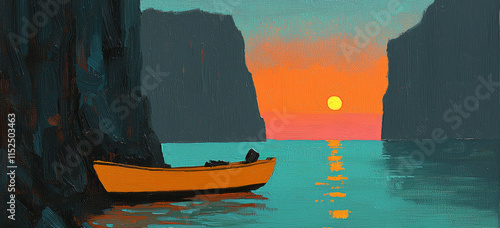 Boat at Sunset Between Coastal Cliffs