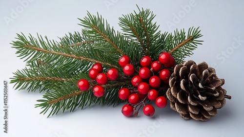 Festive arrangement of pine, berries, and cone.