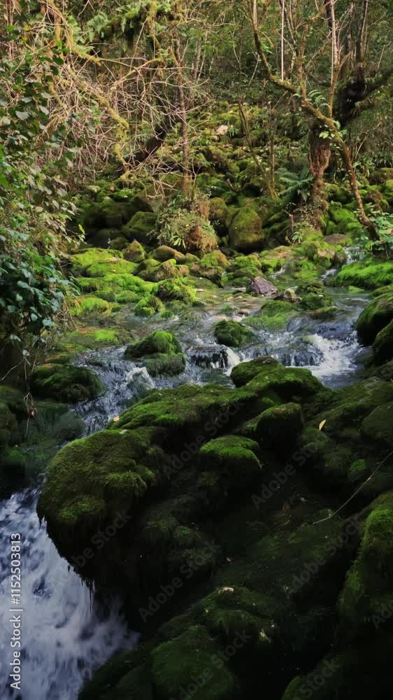 Calm scene of small creek with pure crystal water running through stones covered by moss in a springtime forest with no people around. Serene mountain river filmed in vertical orientation in a wood Calm scene of small creek with pure crystal water running through stones covered by moss in a springtime forest with no people around. Serene mountain river filmed in vertical orientation in a wood