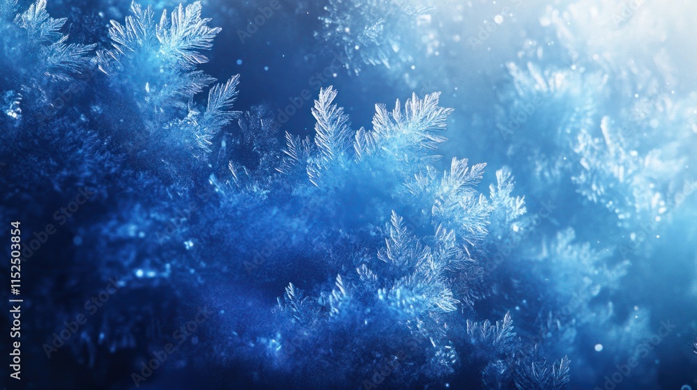 Obraz premium A frosty abstract Christmas background with icy textures, glowing blue snowflakes, and soft white gradients