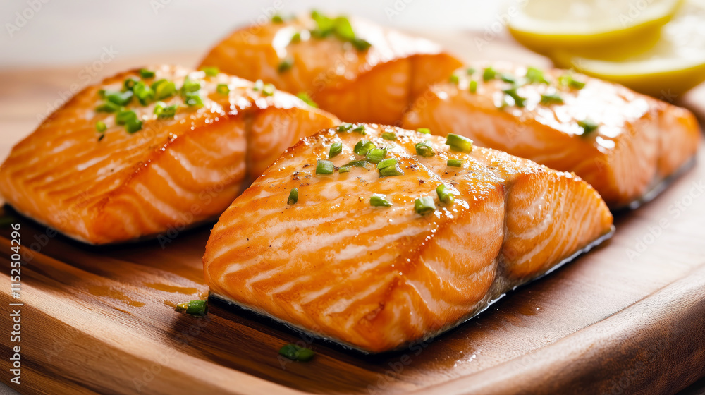 Grilled salmon fillets with chives on wooden board served with lemon slices Grilled salmon fillets with chives on wooden board served with lemon slices