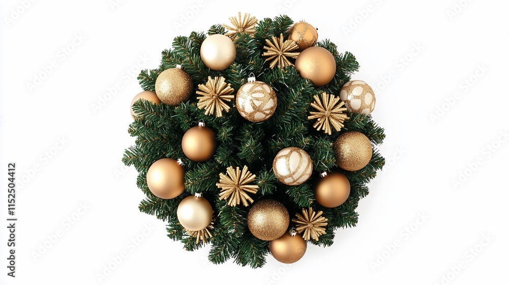 Gold and ivory Christmas wreath with pine and ornaments. Gold and ivory Christmas wreath with pine and ornaments.