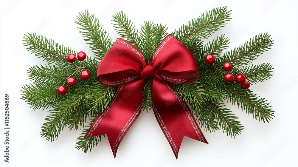 Festive red ribbon bow with pine and berries. Festive red ribbon bow with pine and berries.