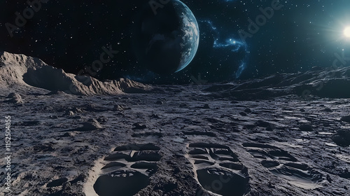 Astronaut footprints imprinted on the lunar soil, with the rugged terrain and distant earth visible. Moondust. Illustration photo