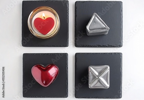 Romantic Heart Candles and Geometric Silver Tealights on Black Slate Coasters photo