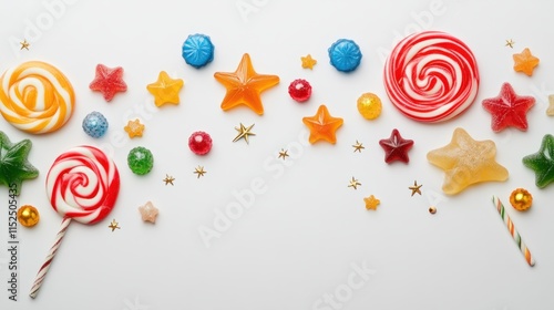 A candy-inspired 2025 design featuring lollipops and gummy stars arranged in a sweet New Year theme on white