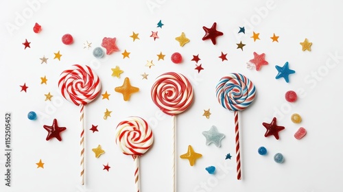A candy-inspired 2025 design featuring lollipops and gummy stars arranged in a sweet New Year theme on white