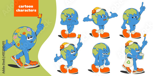 A set of cartoon planet Earth with different emotions and poses. Isolated on a white background. Design elements for Earth Day. Eco problems, caring for nature. Vector illustration.