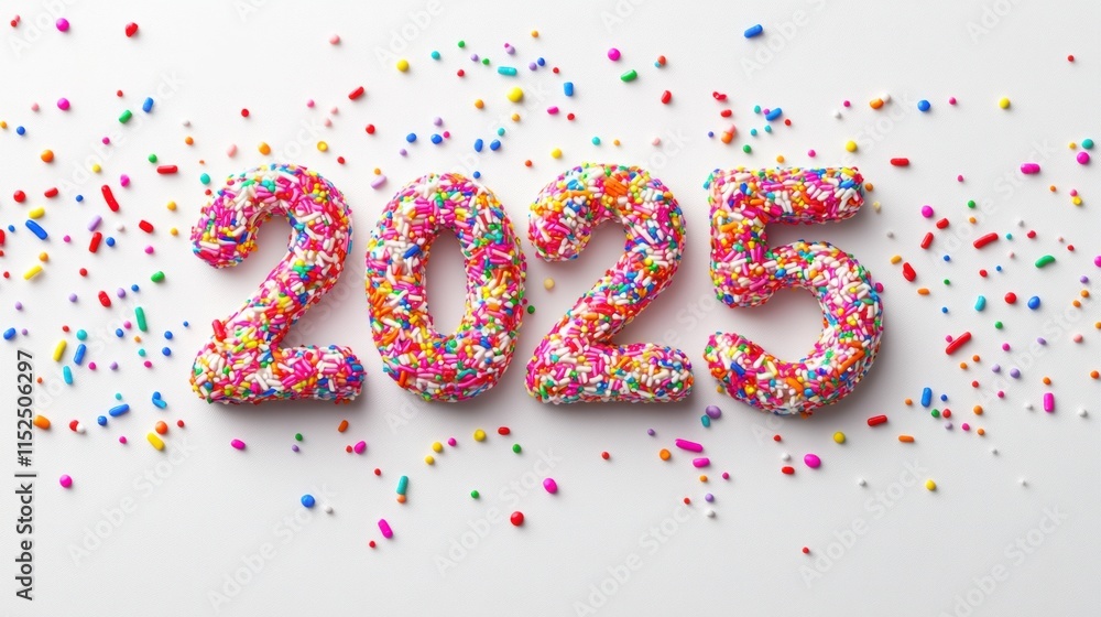 A creative New Year 2025 design with candy letters forming the numbers, surrounded by sprinkles, on a clean white background A creative New Year 2025 design with candy letters forming the numbers, surrounded by sprinkles, on a clean white background