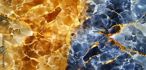 Luminous marble design, featuring a wide golden split, one side in citrine hues and the other in sapphire shades