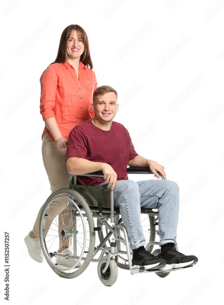 Caregiver with man in wheelchair on white background Caregiver with man in wheelchair on white background