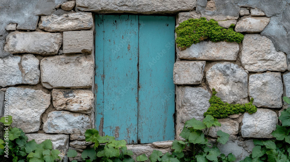 Facade, A weathered stone wall features a rustic blue window, partially covered with green moss and vines, showcasing a blend of nature and architecture. Facade, A weathered stone wall features a rustic blue window, partially covered with green moss and vines, showcasing a blend of nature and architecture.
