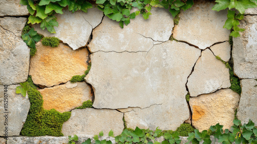 Facade, A weathered stone wall partially covered with green ivy, featuring cracks and patches of moss, creating a rustic and natural appearance. photo