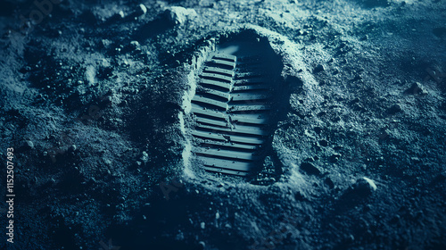 Astronaut boot footprint on moon surface - first footprint of man in space in night photography. Moondust. Illustration photo