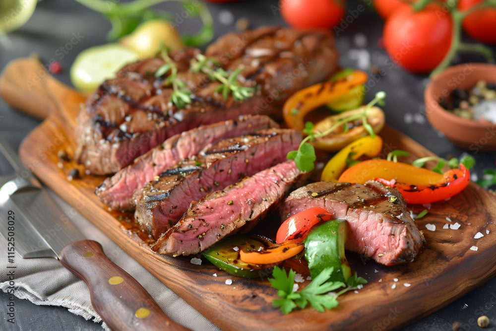 sliced grilled stake with vegetables on a wooden board. High quality photo sliced grilled stake with vegetables on a wooden board. High quality photo
