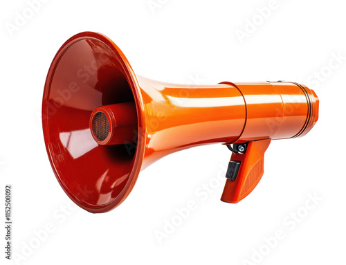 Orange and red bullhorn megaphone isolated on transparent background. Loudspeaker for announcements, promotion, public speaking, communication tool, plastic speaker with handle, bright design. photo