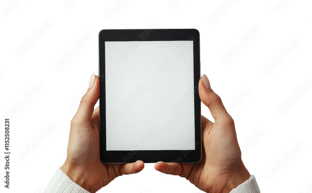 Hands holding blank digital tablet with white screen, modern technology concept for apps, business, education, and media design isolated on transparent background Hands holding blank digital tablet with white screen, modern technology concept for apps, business, education, and media design isolated on transparent background