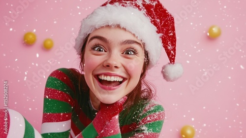 A festive character dressed in an elf costume with striped tights, smiling against a pastel pink backdrop