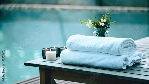 White spa towels, folded neatly on a clean bath mat, evoke feelings of relaxation and hygiene photo