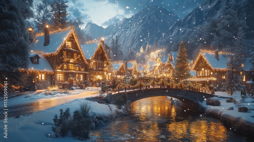 Fototapeta premium A charming Christmas village by a snowy river with glowing streetlights, decorated bridges, and twinkling holiday lights