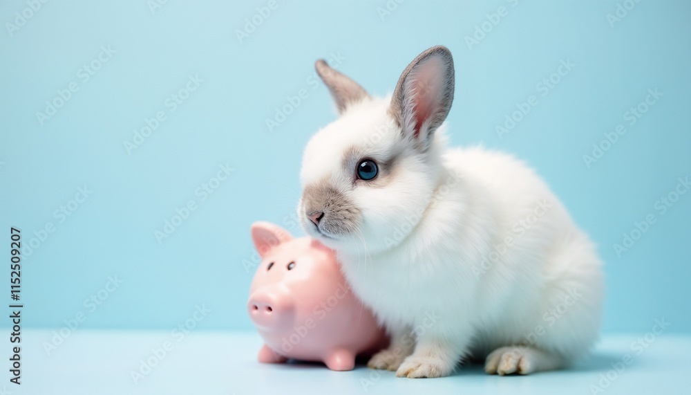 Adorable white bunny sitting beside a pink piggy bank, placed against a light blue colored backdrop. Perfect image to symbolize saving, cuteness, financial security, and innocence.
Adorable white bunny sitting beside a pink piggy bank, placed against a light blue colored backdrop. Perfect image to symbolize saving, cuteness, financial security, and innocence.
