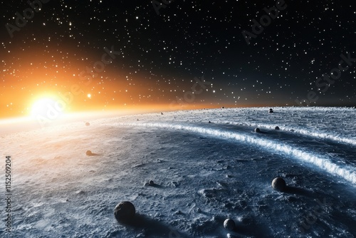 Celestial view of a distant planet with sun rising behind distant stars photo