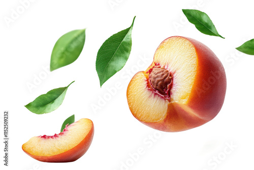 Fototapeta Naklejka Na Ścianę i Meble -  Fresh peaches with green leaves, whole and halved fruits arranged in organic layout, healthy natural summer fruit concept isolated on transparent background