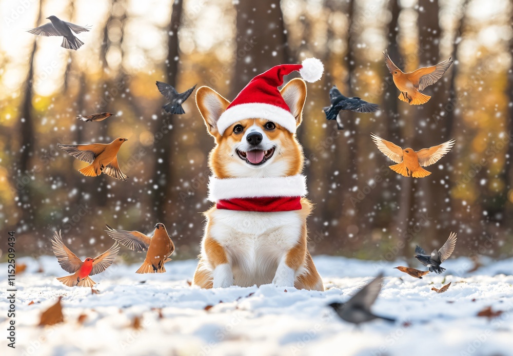 Adorable Corgi in Santa Hat Winter Wonderland Snow Scene with Birds Adorable Corgi in Santa Hat Winter Wonderland Snow Scene with Birds