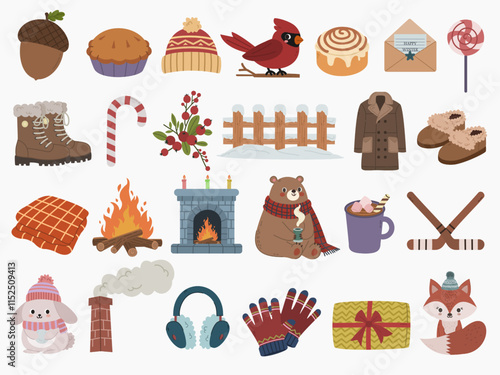 Set of different winter vector elements on a white background including acorn, apple pie, beanie, cardinal bird, brown bear, earmuffs and many more. . . 