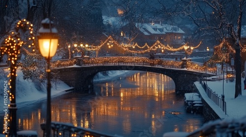 A festive riverside Christmas view with snow-covered bridges, glowing streetlights, and sparkling holiday decor