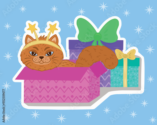 Illustration of a kitten sitting in a gift box