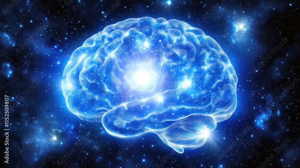 Glowing blue brain in space; concept of intelligence, cosmos, and mind power. Glowing blue brain in space; concept of intelligence, cosmos, and mind power.