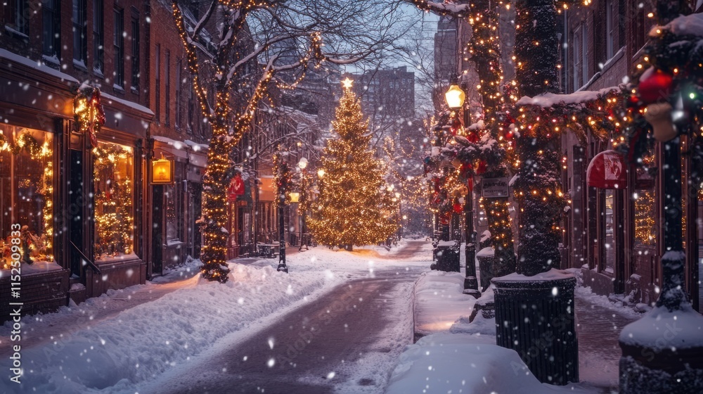A festive townscape with Christmas lights strung along buildings, snow-covered streets, and a glowing central tree A festive townscape with Christmas lights strung along buildings, snow-covered streets, and a glowing central tree