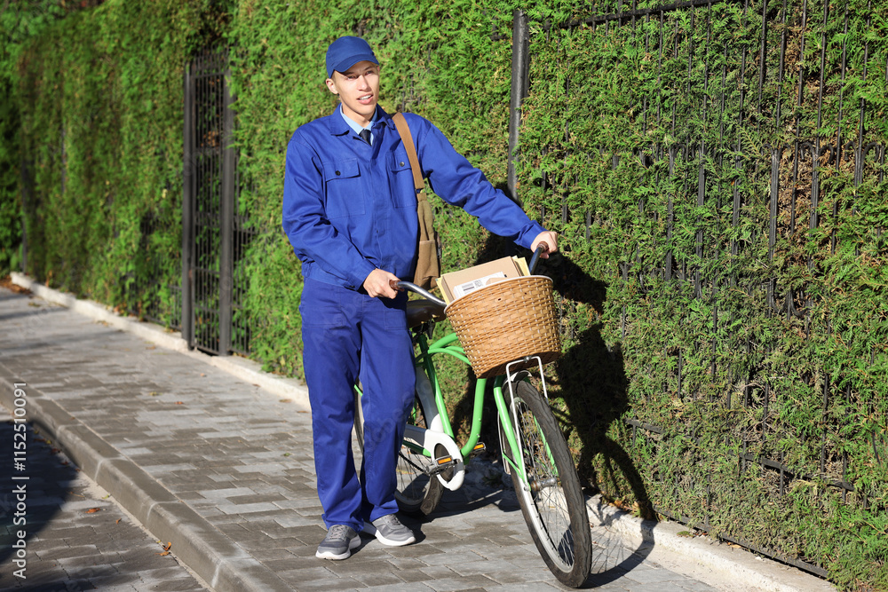 Postman with parcels in bicycle basket outdoors Postman with parcels in bicycle basket outdoors