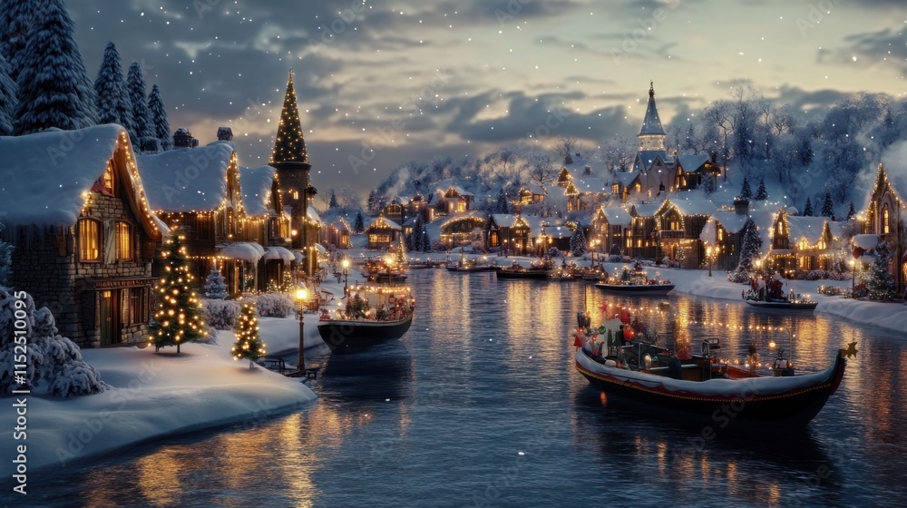 Obraz premium A magical Christmas village by a frozen lake with decorated boats, twinkling lights, and snow-covered rooftops