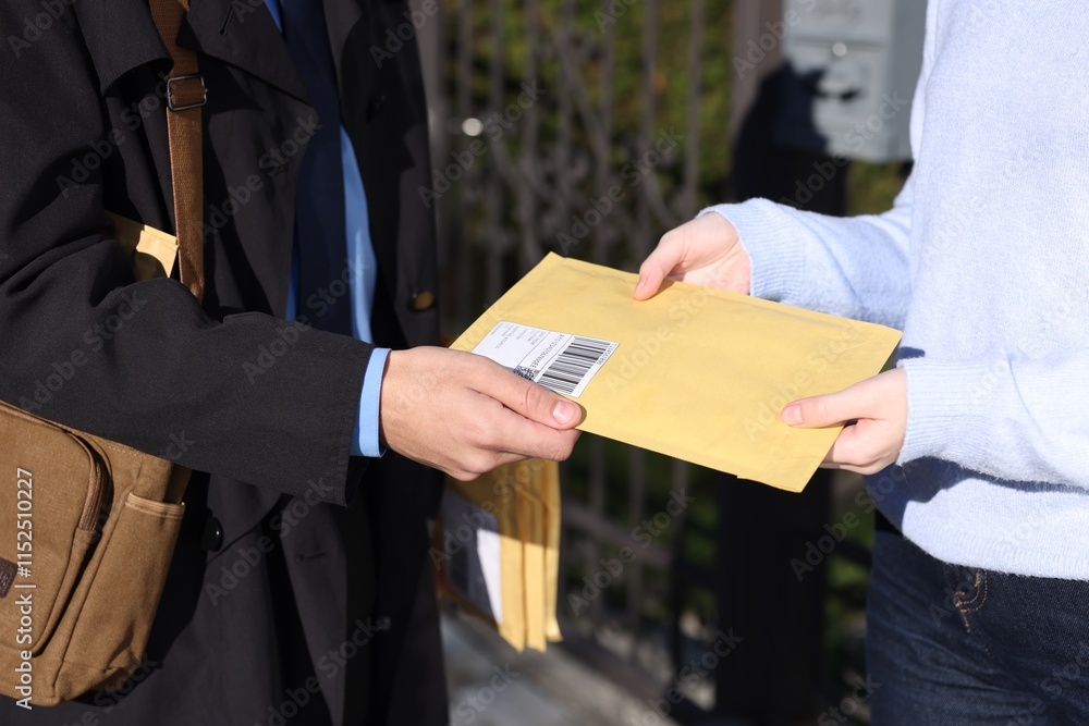 Postman giving parcel to woman outdoors, closeup Postman giving parcel to woman outdoors, closeup