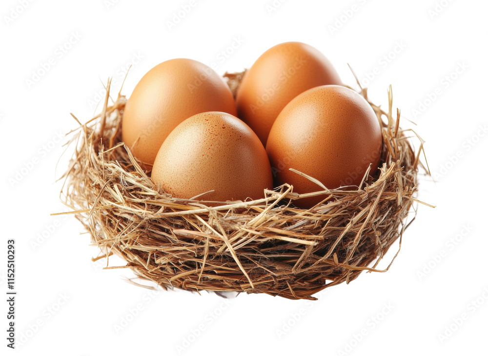 Nest with six brown eggs surrounded by dry hay, natural rustic farm arrangement, fresh organic food for breakfast or cooking isolated on transparent background Nest with six brown eggs surrounded by dry hay, natural rustic farm arrangement, fresh organic food for breakfast or cooking isolated on transparent background