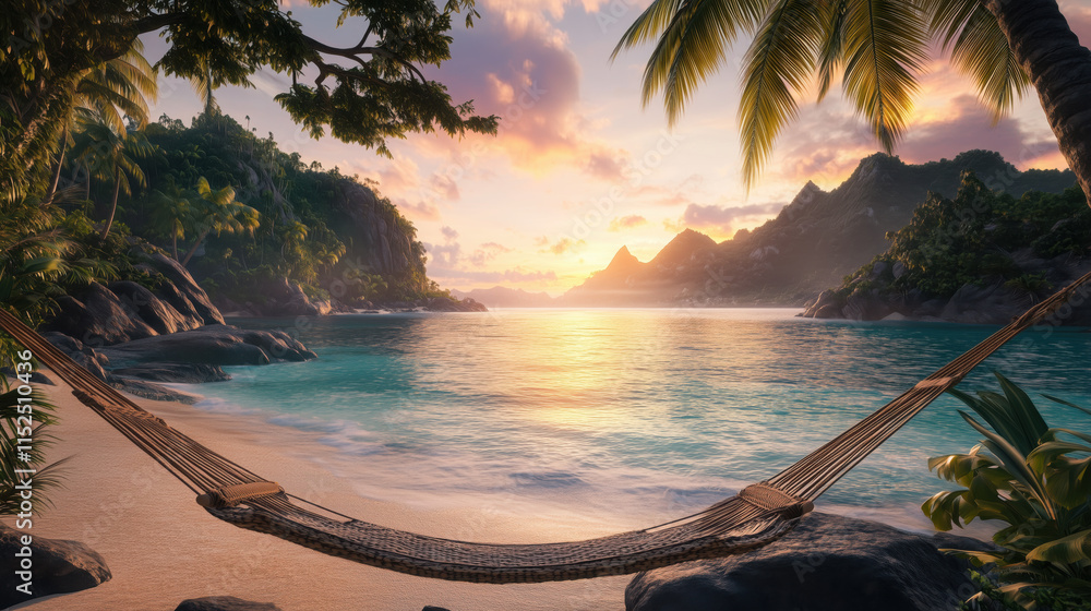 Fototapeta premium Breathtaking Tropical Island at Sunrise with Serene Beach, Crystal-Clear Turquoise Water, Vibrant Palm Trees, and a Luxurious Hammock Surrounded by Lush Green Mountains and a Colorful Sky