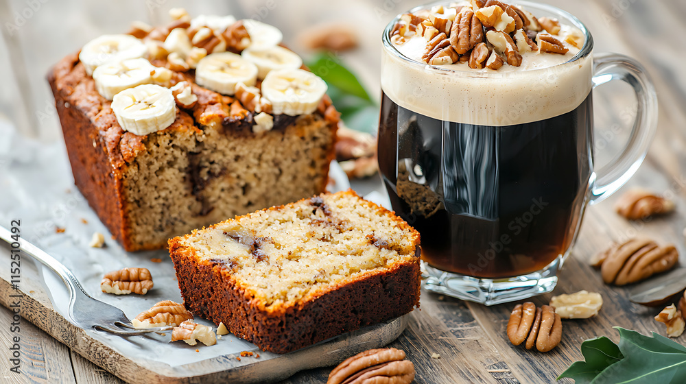 Delicious breakfast dessert pairing with banana bread and cold brew coffee topped with nuts, perfect for cozy morning Delicious breakfast dessert pairing with banana bread and cold brew coffee topped with nuts, perfect for cozy morning
