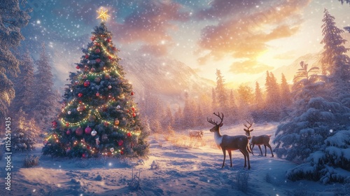 A magical snowy landscape with reindeer grazing near a Christmas tree adorned with ornaments and lights