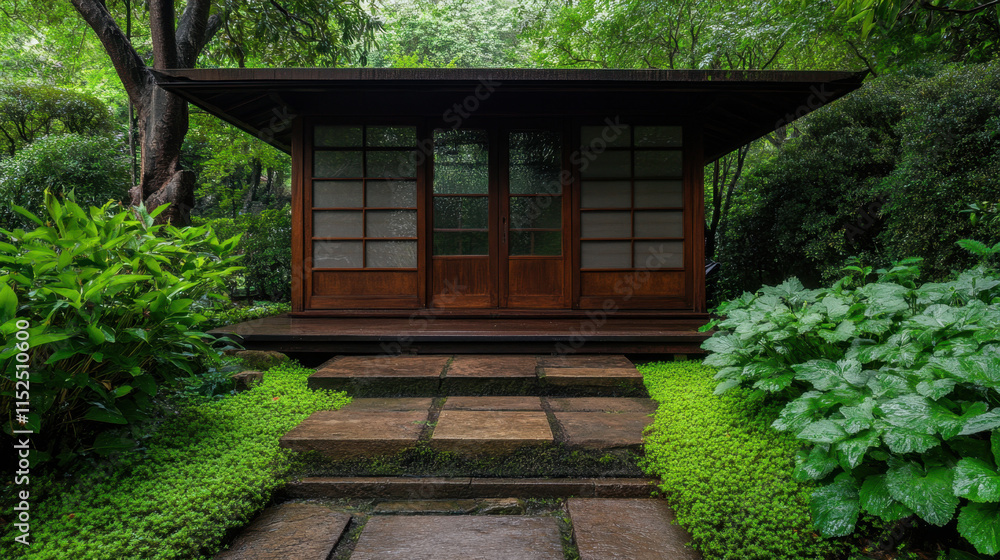 Facade, A serene wooden structure surrounded by lush greenery and stone pathways, creating a tranquil atmosphere in a natural setting. Facade, A serene wooden structure surrounded by lush greenery and stone pathways, creating a tranquil atmosphere in a natural setting.