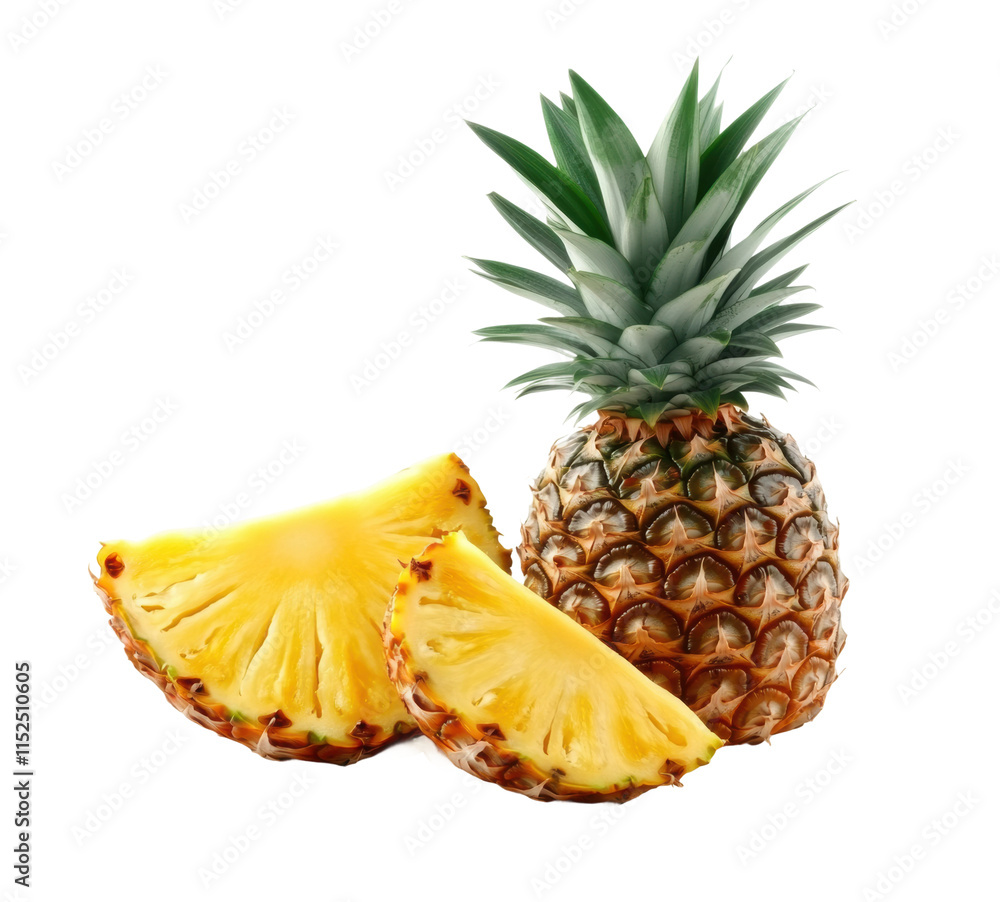 Cut pineapple and whole fruit in watercolor painting style, detailed green leaves and golden-yellow textured skin, tropical fruit illustration isolated on transparent background Cut pineapple and whole fruit in watercolor painting style, detailed green leaves and golden-yellow textured skin, tropical fruit illustration isolated on transparent background