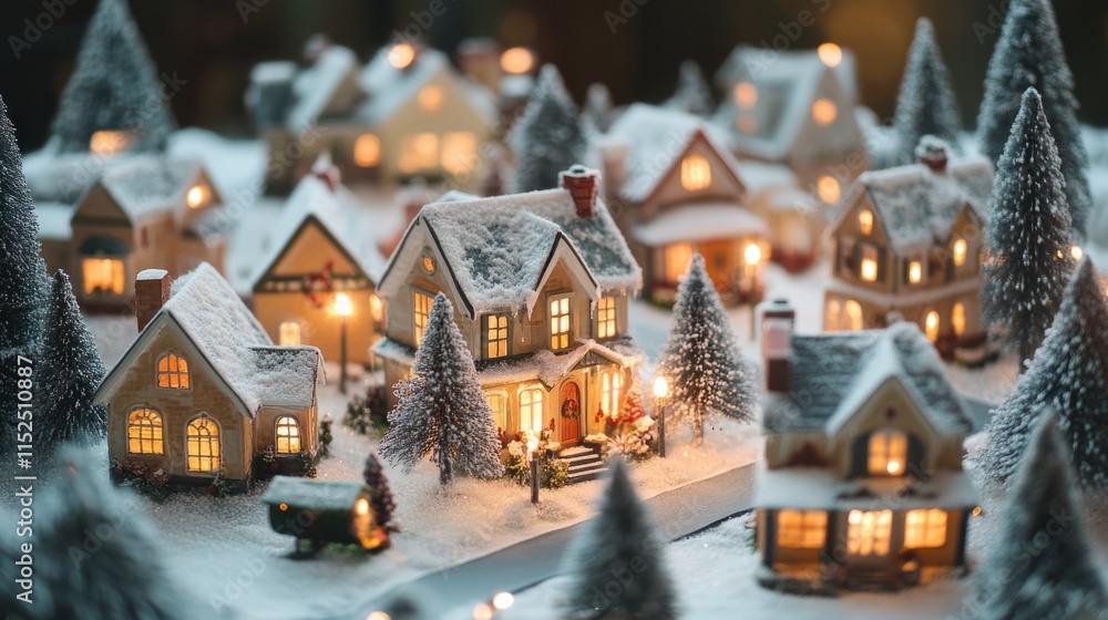 A serene Christmas village with decorated houses, glowing streetlights, and snow-covered rooftops surrounded by frosted trees A serene Christmas village with decorated houses, glowing streetlights, and snow-covered rooftops surrounded by frosted trees