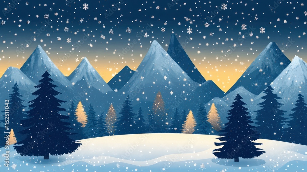 Naklejka premium A serene mountain Christmas landscape with frosted peaks, glowing trees, and a starry winter night sky