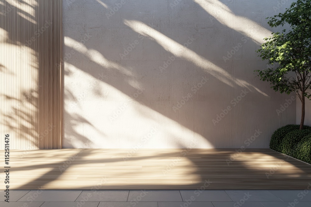 Sunlit minimalist patio with wooden deck, beige wall, and greenery. Sunlit minimalist patio with wooden deck, beige wall, and greenery.