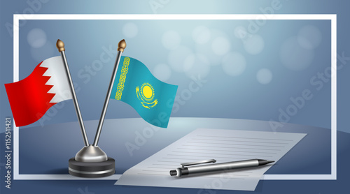 Bahrain and Kazakhstan National flags on small table with bokeh background, cooperative relationship