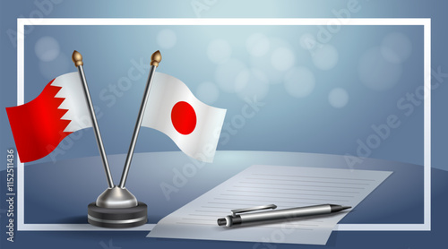 Bahrain and Japan National flags on small table with bokeh background, cooperative relationship