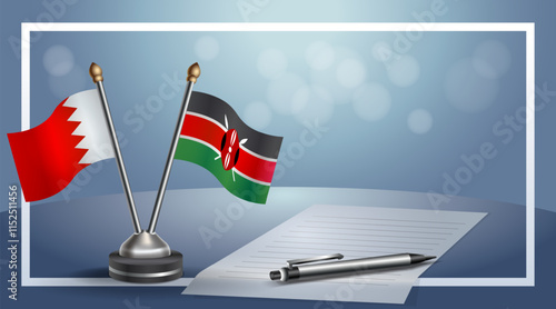 Bahrain and Kenya National flags on small table with bokeh background, cooperative relationship