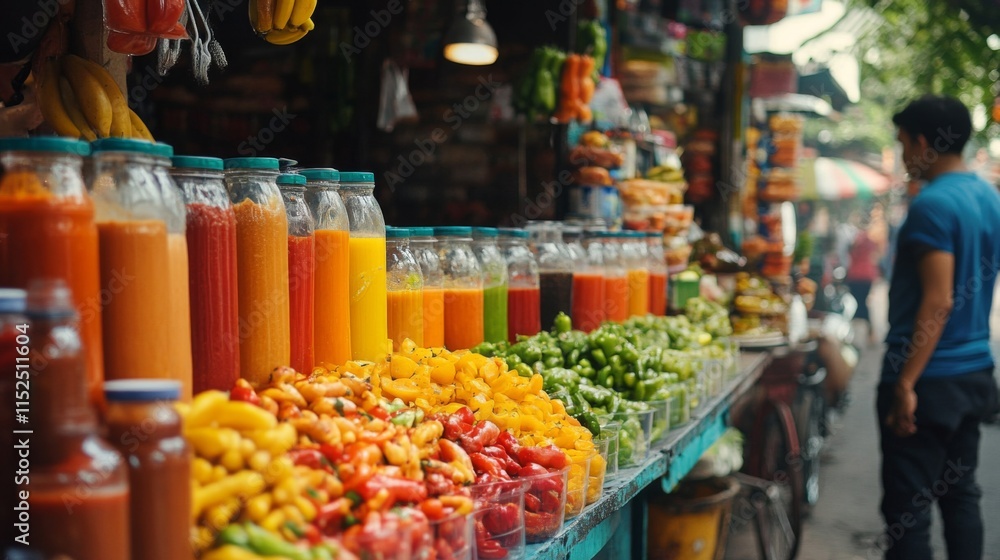 Obraz premium Colorful Jars Of Juice And Fresh Peppers At A Market